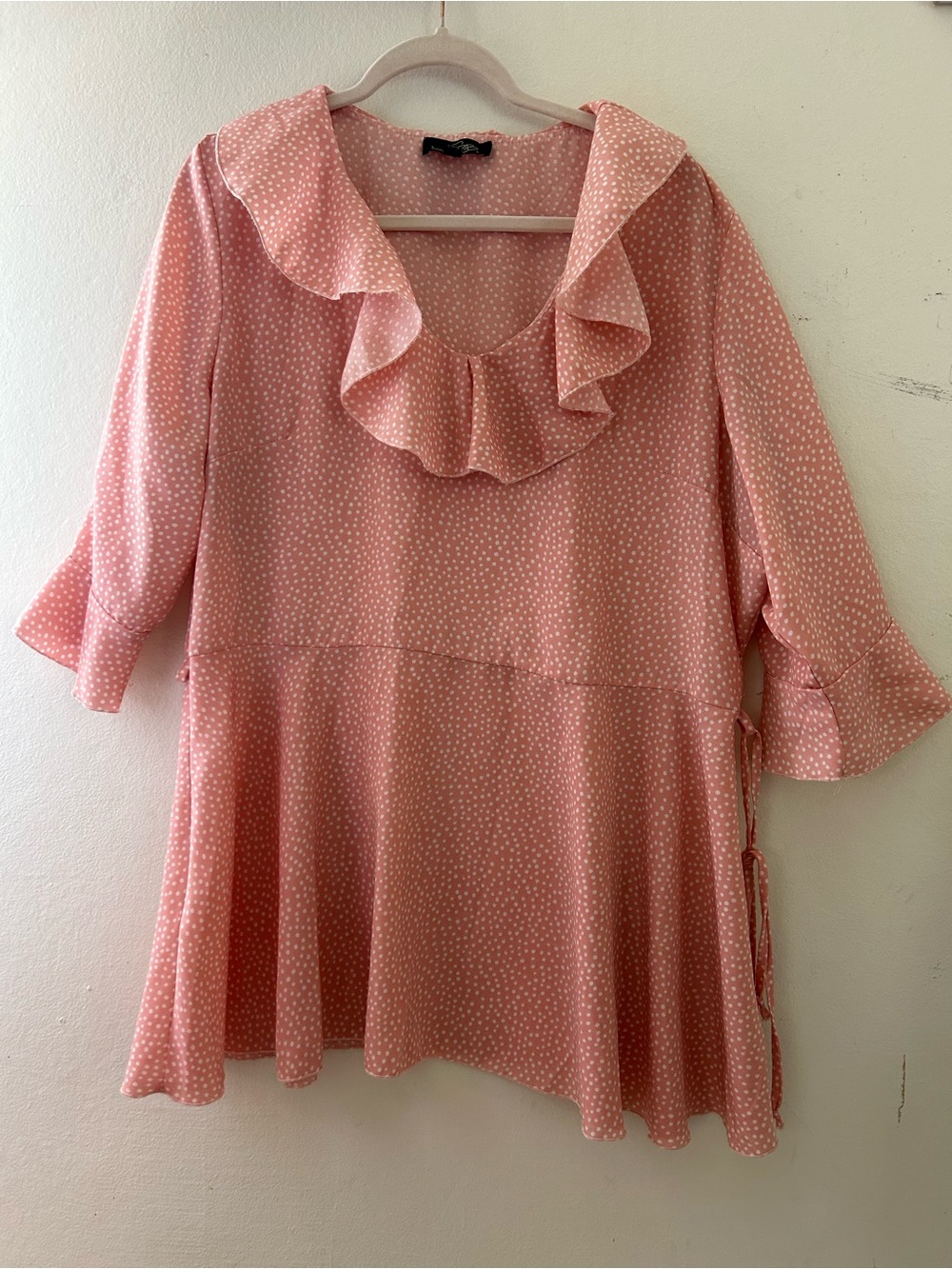 Suzanne Betro Pink Polka Dot Ruffle Neck Dress